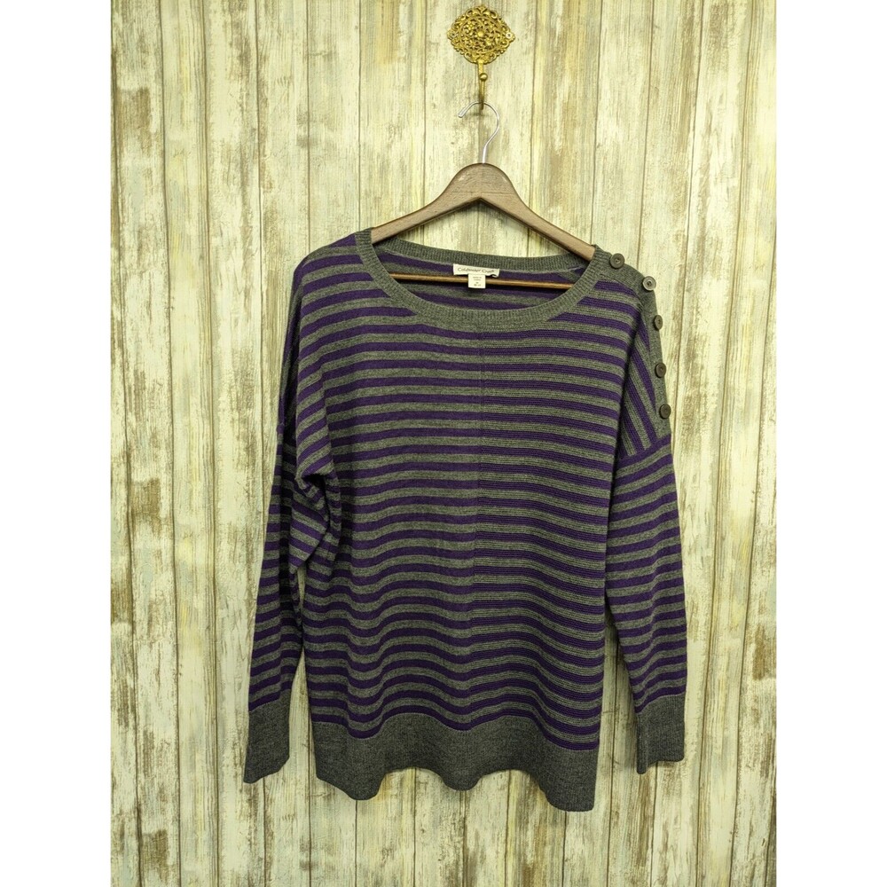 Coldwater Creek Merino Wool Sweater Purple Gray Striped Button Shoulder Medium